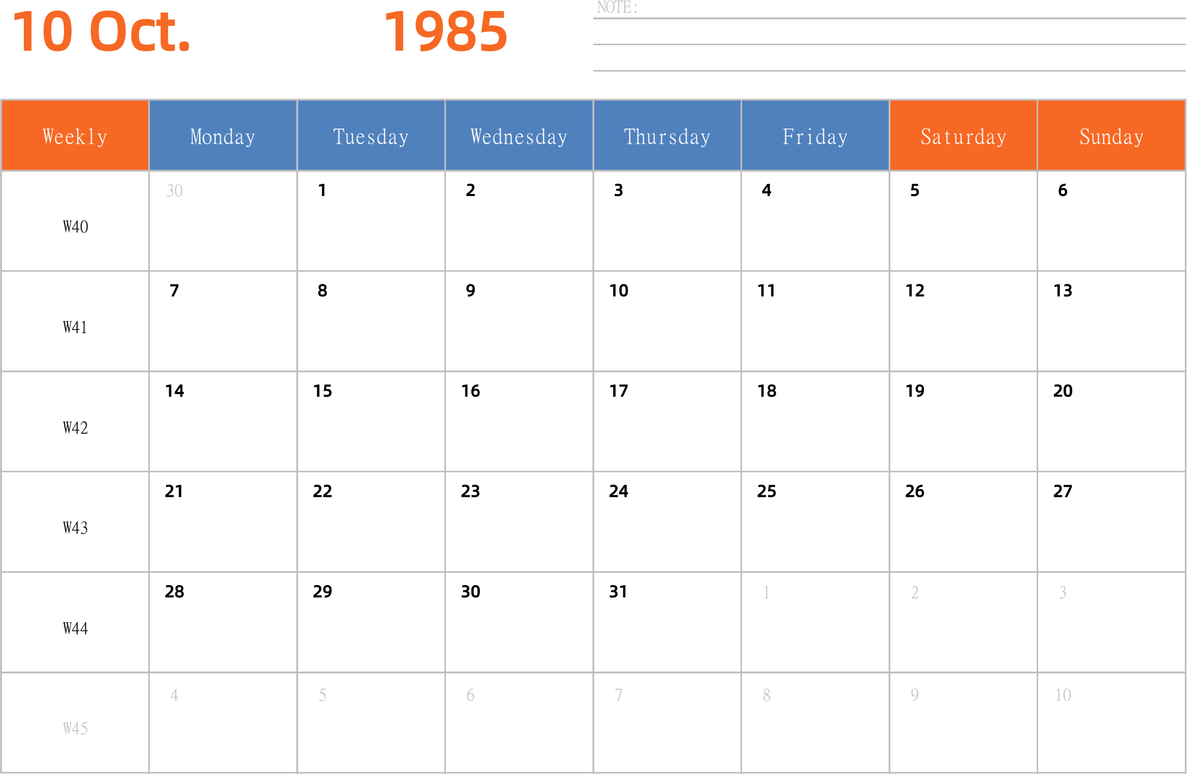 日历表1985年日历 英文版 横向排版 周一开始 带周数